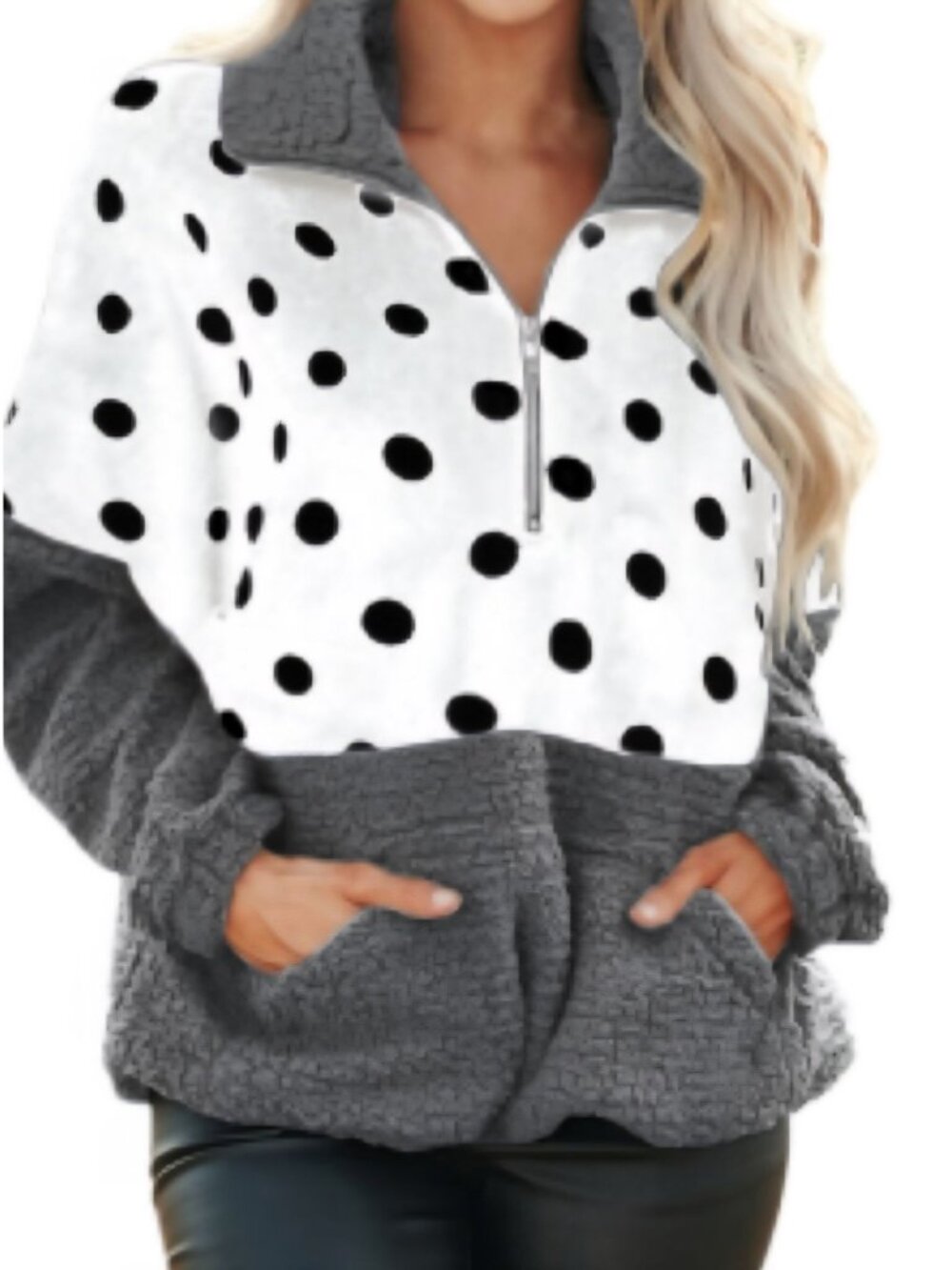 Style Dome Polka Dot Fleece Pullover With Pockets & Half-Zip Comfy & Warm Size L